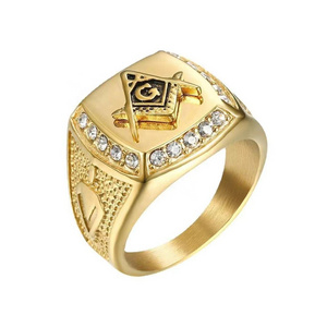 Hot sales Men's Big Size Masonic Ring Gold Plated Square Ring Titanium Steel Silver Ring For Decoration