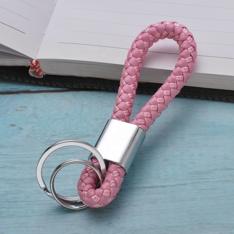 Woven Leather Rope Double Loop Metal Unisex Car Phone Pendant Creative key chain ring