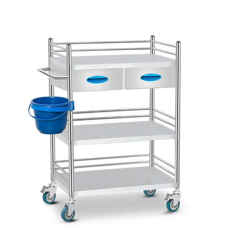 KSMED Trolley Medical Factory Supply Surgery Stainless Steel Instrument Trolley with Wheels and 2 Drawer Medical Trolley Cart