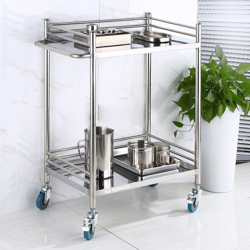 KSMED Trolley Medical Factory Supply Surgery Stainless Steel Instrument Trolley with Wheels and 2 Drawer Medical Trolley Cart