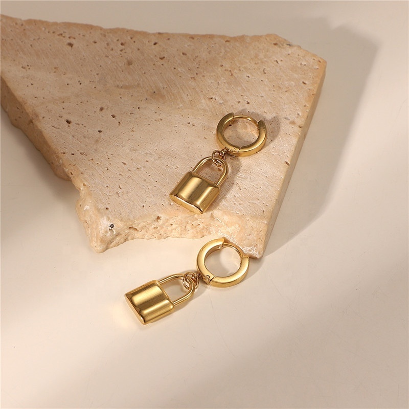 Statement Stainless Steel Gold Plated Geometric Lock Charm Huggie Drop Earring Women Jewelry Wholesale