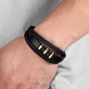 Classic Fashion Jewelry Simple Hop Stainless Steel Charm Bracelet Men Black Leather Braided Punk Rock Bangles Bracelets