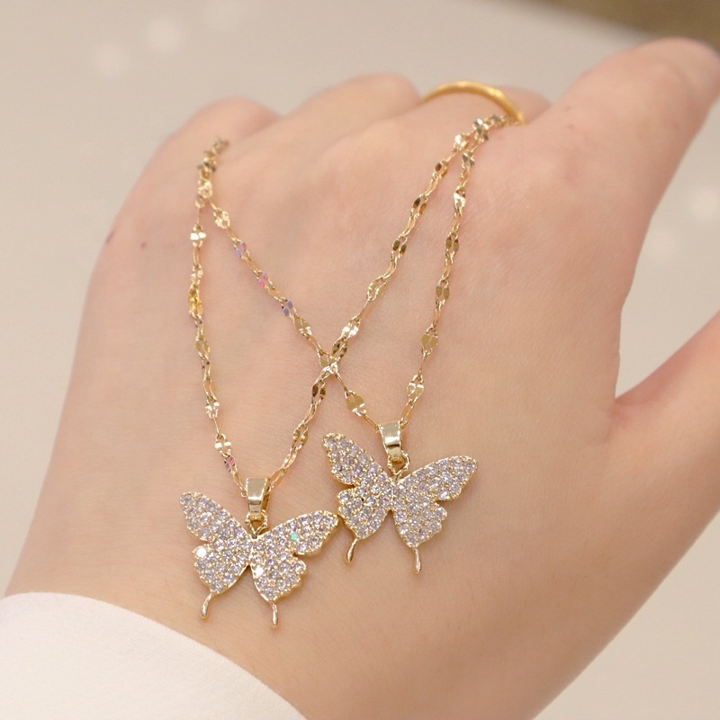 2023 New Stainless Steel Butterfly Crystal Necklace Women Fashion Jewelry Simple Elegant Choker Collares Pendants