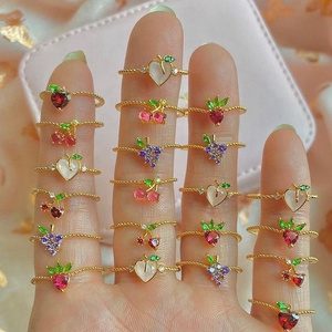 2023 New Tropical  Sweet Crystal Strawberry Cherry Butterfly Rings Women Cute Fruit Gold Ring Party Jewelry Gifts