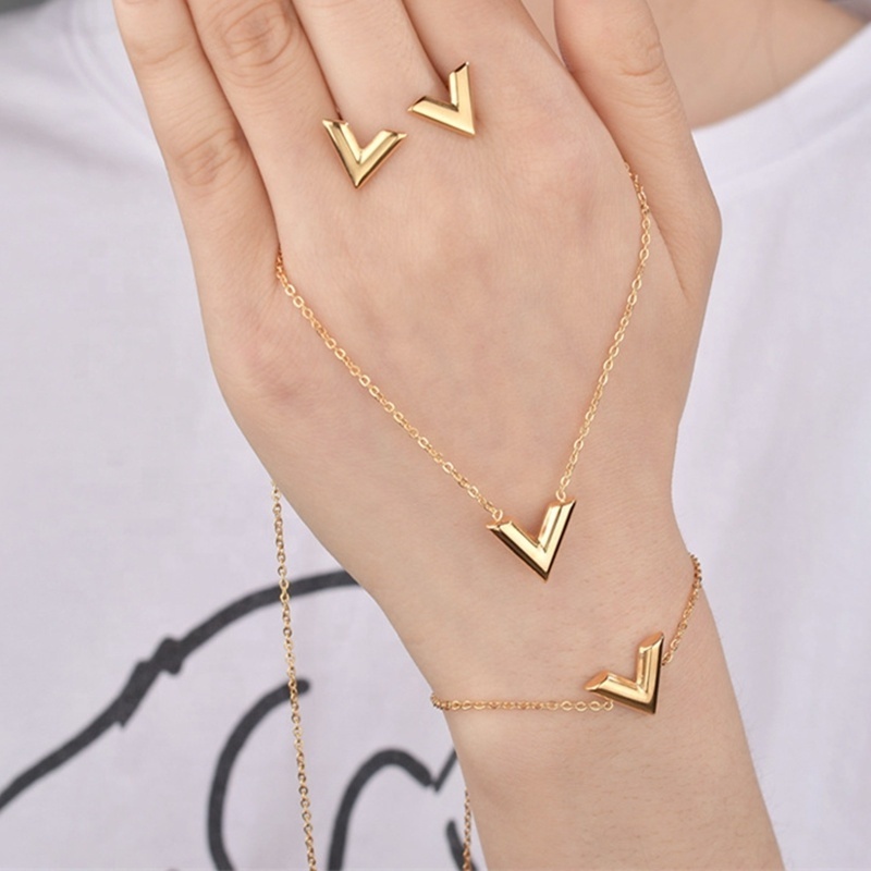 Waterproof Stainless Steel Design Jewelry 18K Gold Plated V Shape Letter Cross Chain Choker Necklace Bracelet Stud Earring Sets