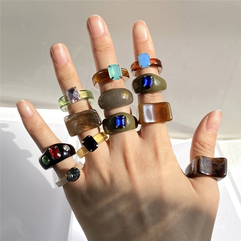 2021 Ins Aesthetic Colorful Transparent Resin Acrylic Crystal Korean Geometric Irregular Square Rings for Women Trendy Jewelry