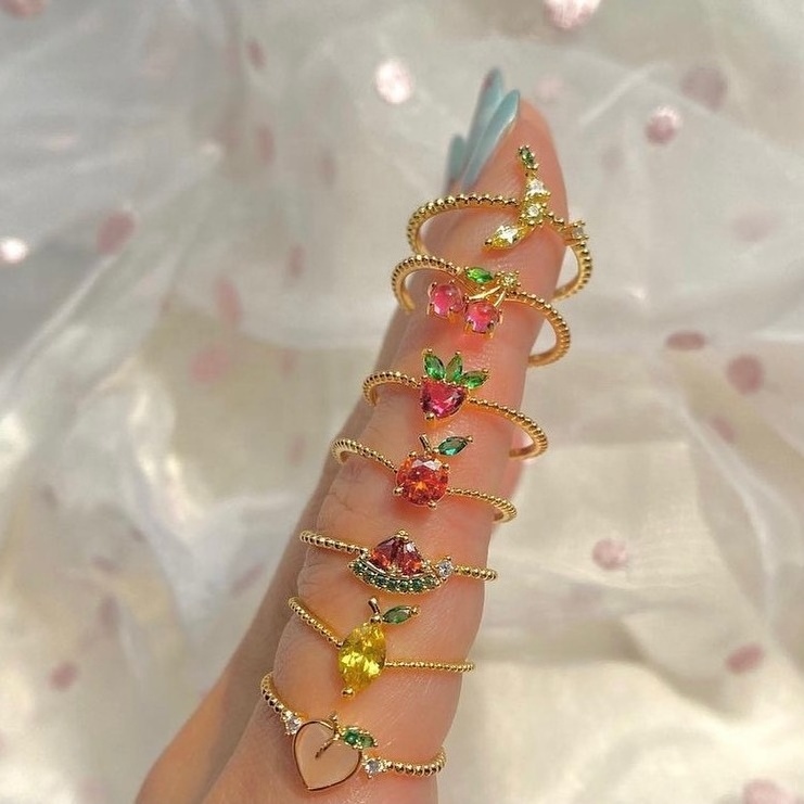 2023 New Tropical  Sweet Crystal Strawberry Cherry Butterfly Rings Women Cute Fruit Gold Ring Party Jewelry Gifts