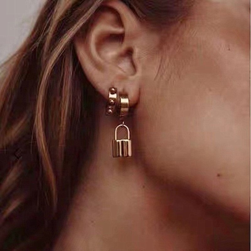 Statement Stainless Steel Gold Plated Geometric Lock Charm Huggie Drop Earring Women Jewelry Wholesale