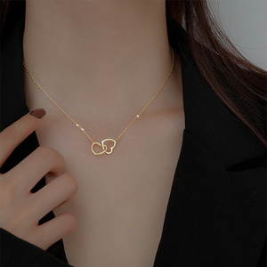 Elegant Ladylike Heart Collarbone Necklace Double Hollowed Heart Gold Fine Chain Stainless Steel Necklace Non Fading