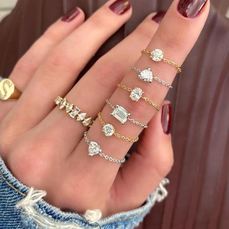 2023 Colorful Crystal Ring For Women Couple Wedding Creative Adjustable Chain Ring 925 Sterling Silver Party Engagement Jewelry