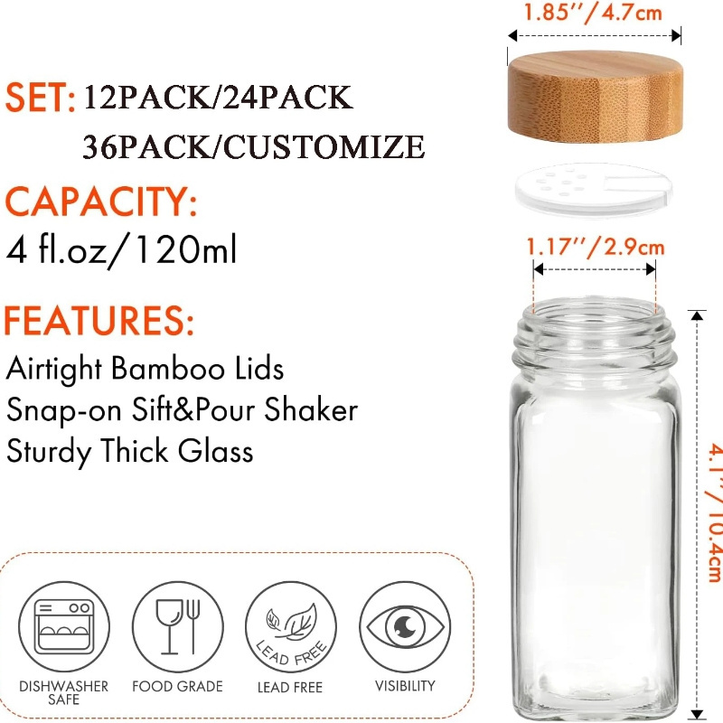 Square Spice Bottles Glass Spice Jars Bottles Kitchen Storage Bottles & Jars Condiment Pot 4oz Lids with Bamboo 24pcs Set 120ml