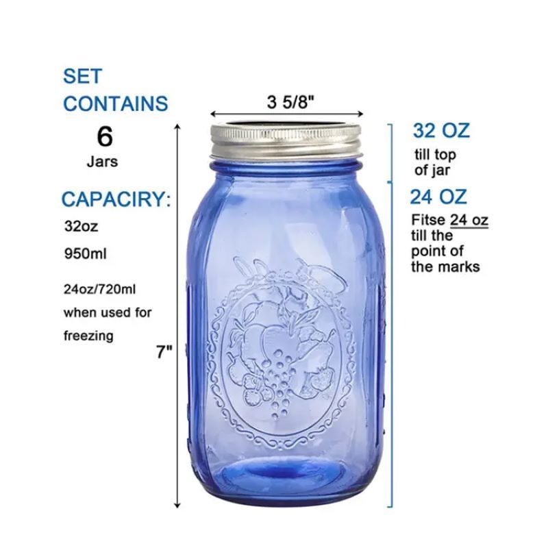 Blue Glass 32 oz Wide Mouth Jam Mason Jars Beverages Storage Blue Canning Preserving Bottle with Airtight Lids