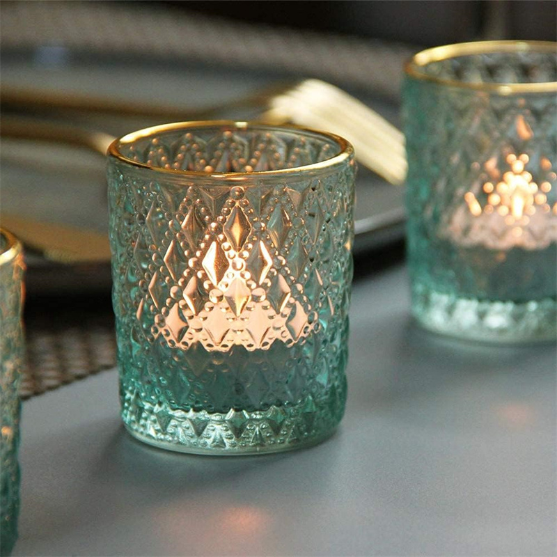 Hot sale blue Turquoise  Luxury Crystal Candle Vessels Glossy  Glass Votive Tealight Candle Holders With Gold Rim For Decoration