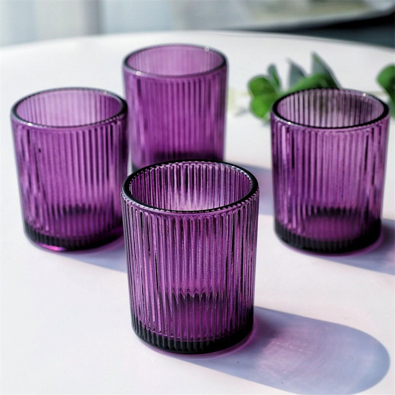 3 Ounce Purple Empty  Small Cylinder Vertical Stripe Ribbed Glass Candle Holder Votive Wax Jar for tealight