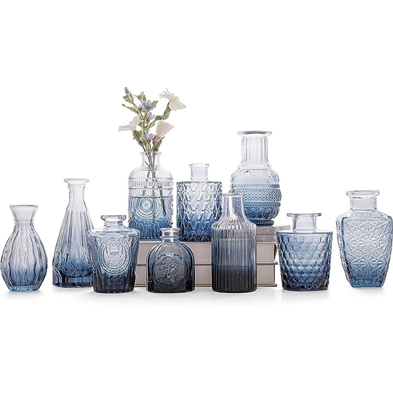 Luxury Small Glass Table Vases Wedding Art  Decoration Flower Bottle Vases Blue Bud Vase 30pcs Set Vintage