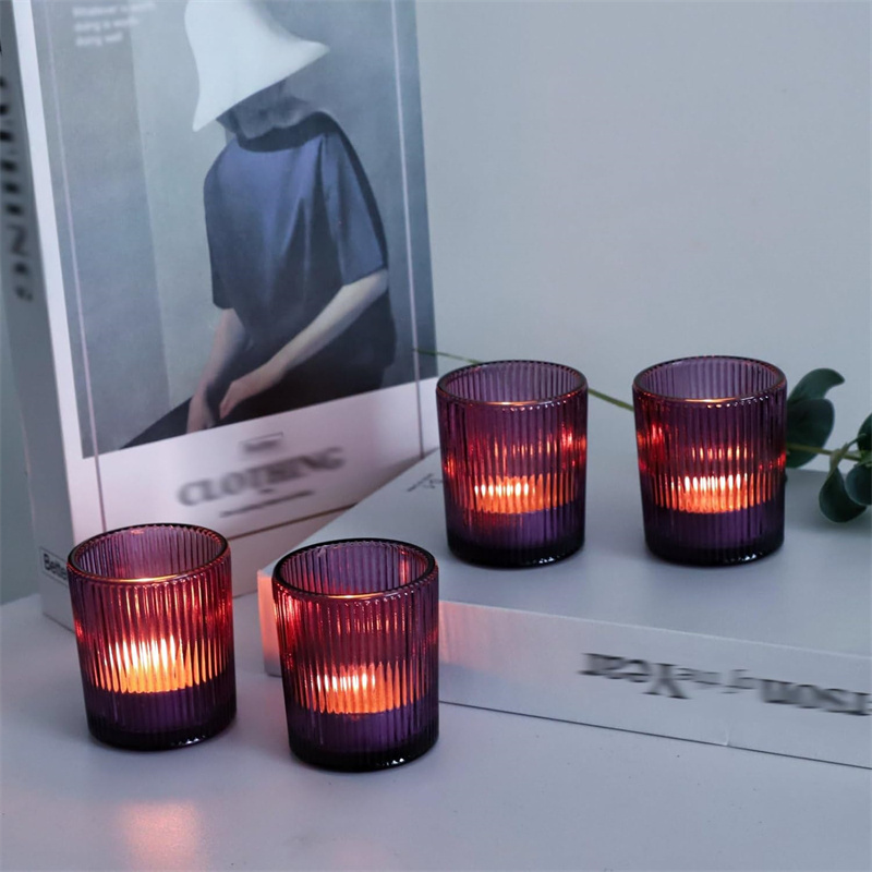 3 Ounce Purple Empty  Small Cylinder Vertical Stripe Ribbed Glass Candle Holder Votive Wax Jar for tealight