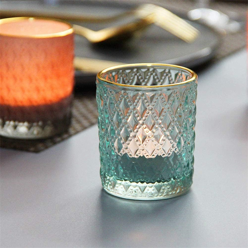 Hot sale blue Turquoise  Luxury Crystal Candle Vessels Glossy  Glass Votive Tealight Candle Holders With Gold Rim For Decoration