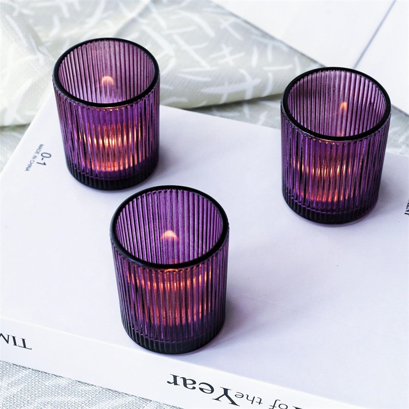 3 Ounce Purple Empty  Small Cylinder Vertical Stripe Ribbed Glass Candle Holder Votive Wax Jar for tealight