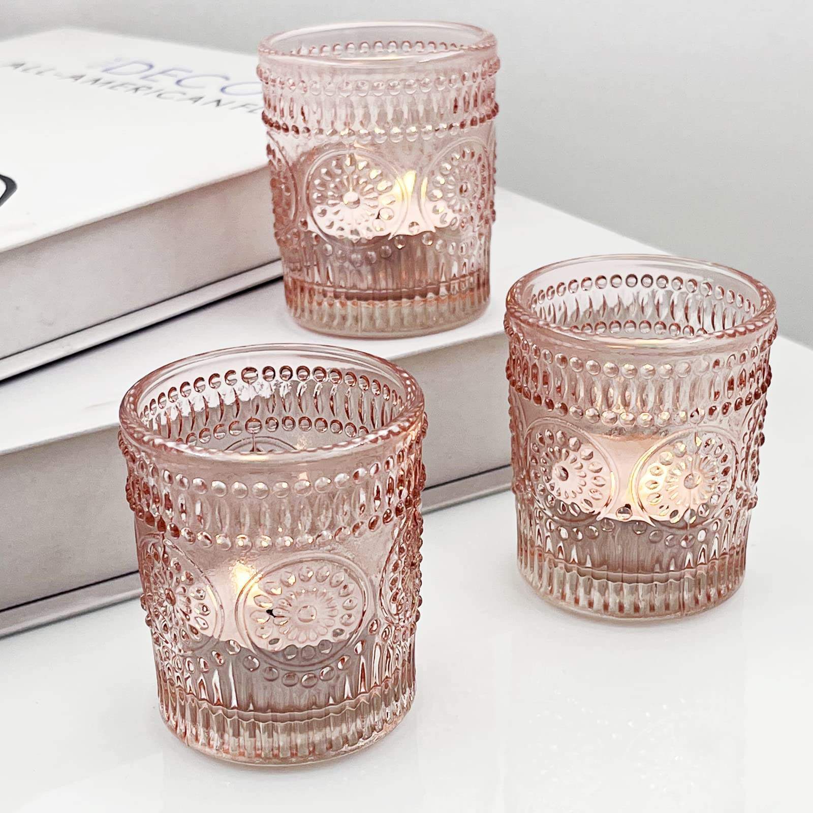 Transparent amber gold pink vintage candle holder for votive&tea light glass candle cup with Embossed creative sunflowers