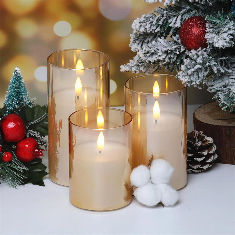 Hot Sales Gold LED Glass Flameless Candles with Remote and Timer Real Wax 3D-Wick Pillar Candles for Home Decor