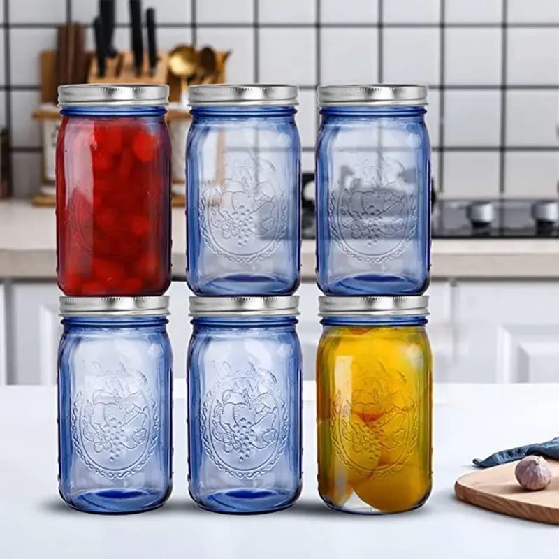 Blue Glass 32 oz Wide Mouth Jam Mason Jars Beverages Storage Blue Canning Preserving Bottle with Airtight Lids