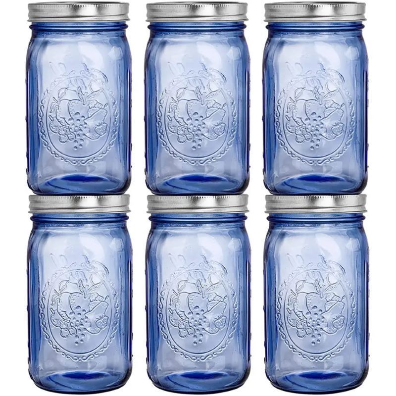 Blue Glass 32 oz Wide Mouth Jam Mason Jars Beverages Storage Blue Canning Preserving Bottle with Airtight Lids