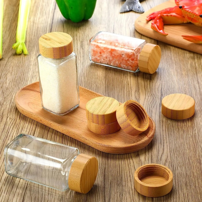 Square Spice Bottles Glass Spice Jars Bottles Kitchen Storage Bottles & Jars Condiment Pot 4oz Lids with Bamboo 24pcs Set 120ml