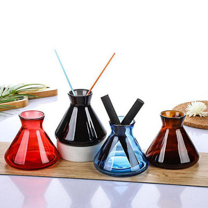 200ml Wide Mouth Conical Flask Glass Glossy Bottle Aroma Diffuser Eco-friendly Colorful Bottles With Black Rattan