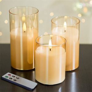 Hot Sales Gold LED Glass Flameless Candles with Remote and Timer Real Wax 3D-Wick Pillar Candles for Home Decor