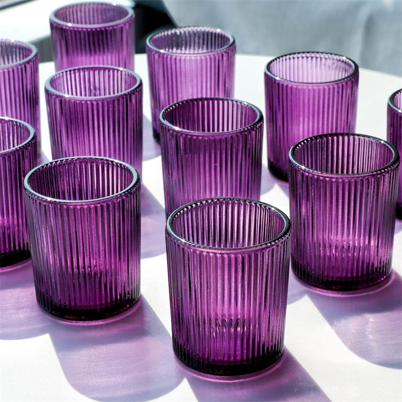 3 Ounce Purple Empty  Small Cylinder Vertical Stripe Ribbed Glass Candle Holder Votive Wax Jar for tealight