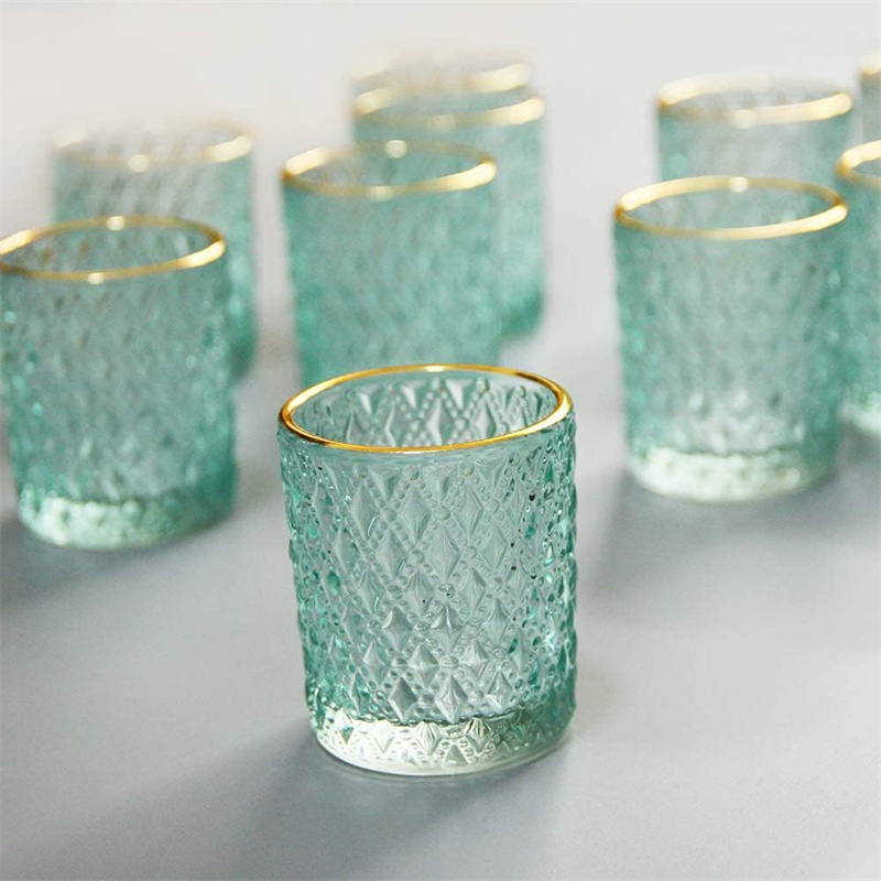 Hot sale blue Turquoise  Luxury Crystal Candle Vessels Glossy  Glass Votive Tealight Candle Holders With Gold Rim For Decoration