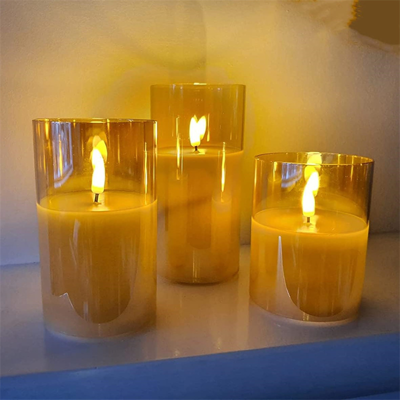 Hot Sales Gold LED Glass Flameless Candles with Remote and Timer Real Wax 3D-Wick Pillar Candles for Home Decor