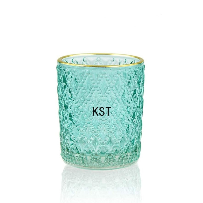 Hot sale blue Turquoise  Luxury Crystal Candle Vessels Glossy  Glass Votive Tealight Candle Holders With Gold Rim For Decoration