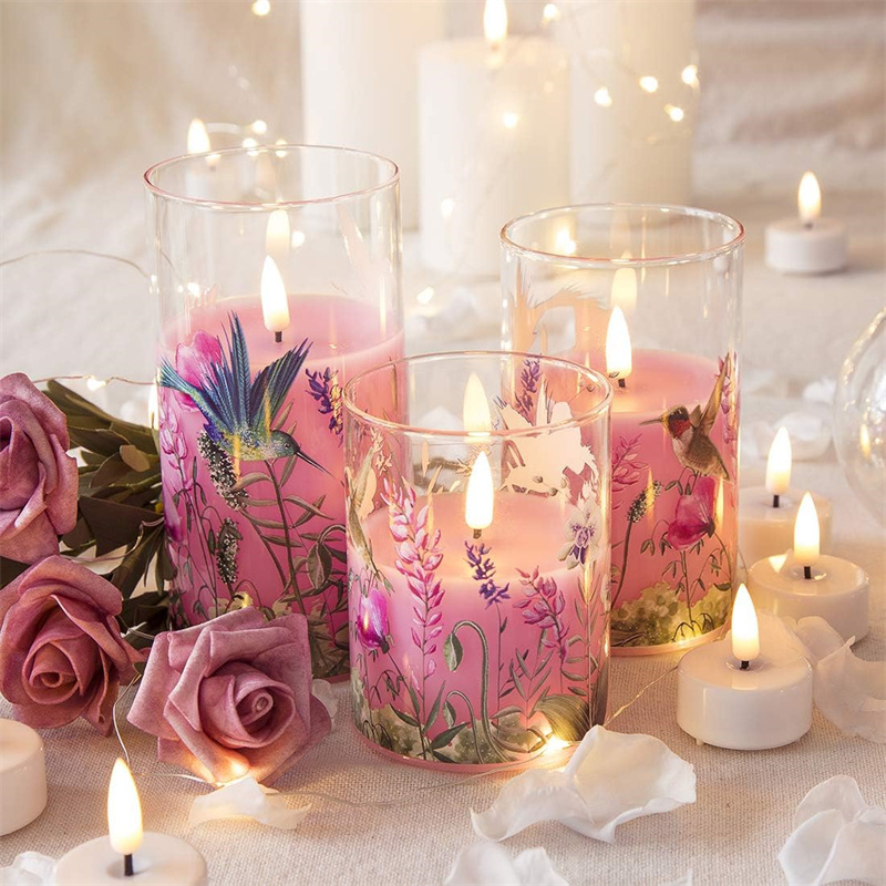 Hot Sales Pink LED Glass Flameless Candles with Remote and Timer Real Wax 3D-Wick Pillar Candles for Home Decor