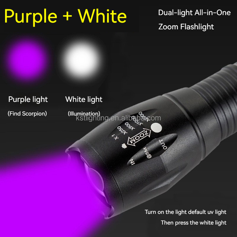 Dual light purple+white 395nm rechargeable battery zoomable ultraviolet led UV flashlight torch  led flashlight torch light