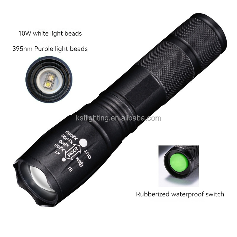 Dual light purple+white 395nm rechargeable battery zoomable ultraviolet led UV flashlight torch  led flashlight torch light