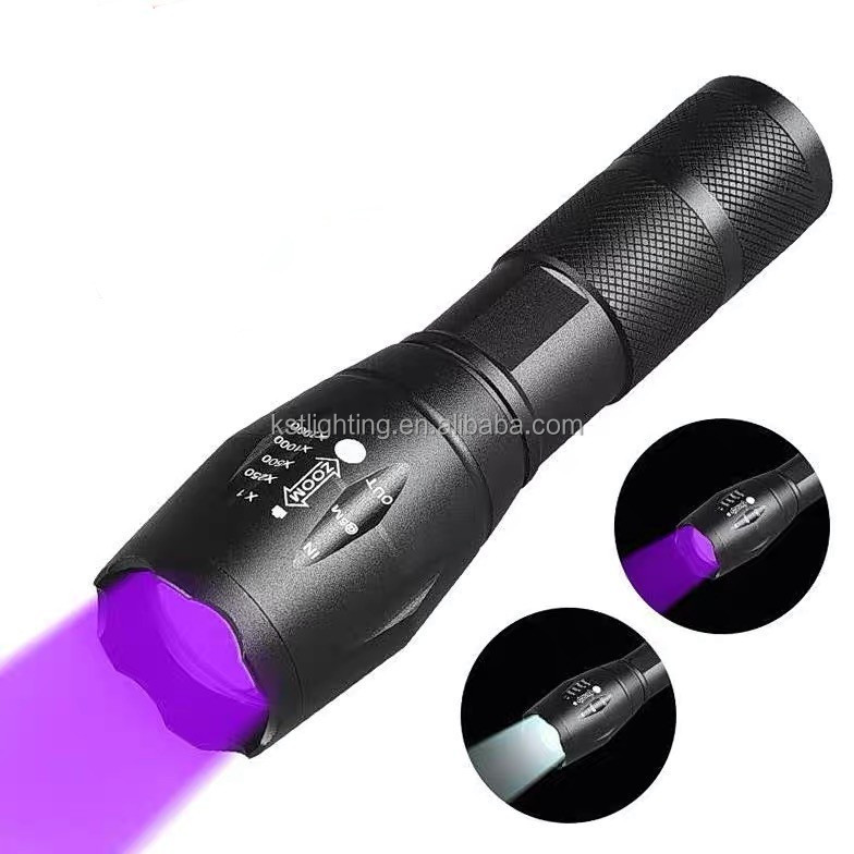 Dual light purple+white 395nm rechargeable battery zoomable ultraviolet led UV flashlight torch  led flashlight torch light