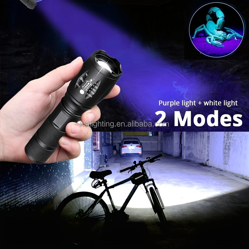 Dual light purple+white 395nm rechargeable battery zoomable ultraviolet led UV flashlight torch  led flashlight torch light