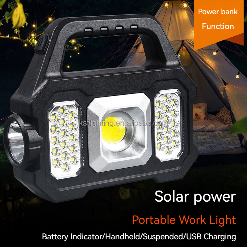 Multifunction power bank work light searchlight handheld rechargeable COB silver outdoor solar led camping lamp flashlight torch