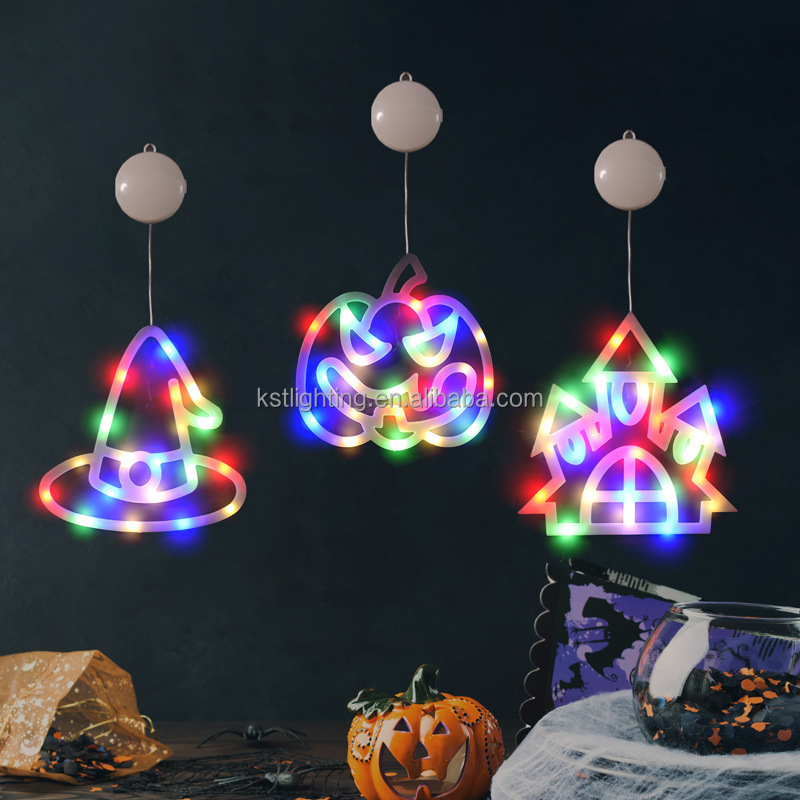 Color and flash Halloween pumpkin cat suction cup light window ornament holiday party led hanging lamp