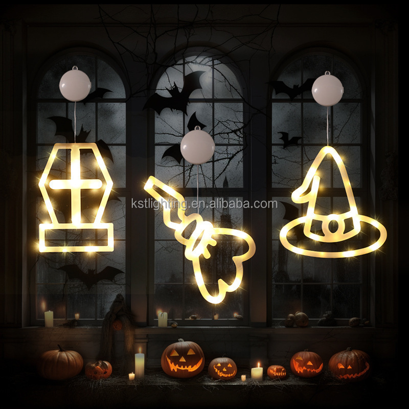 Color and flash Halloween pumpkin cat suction cup light window ornament holiday party led hanging lamp