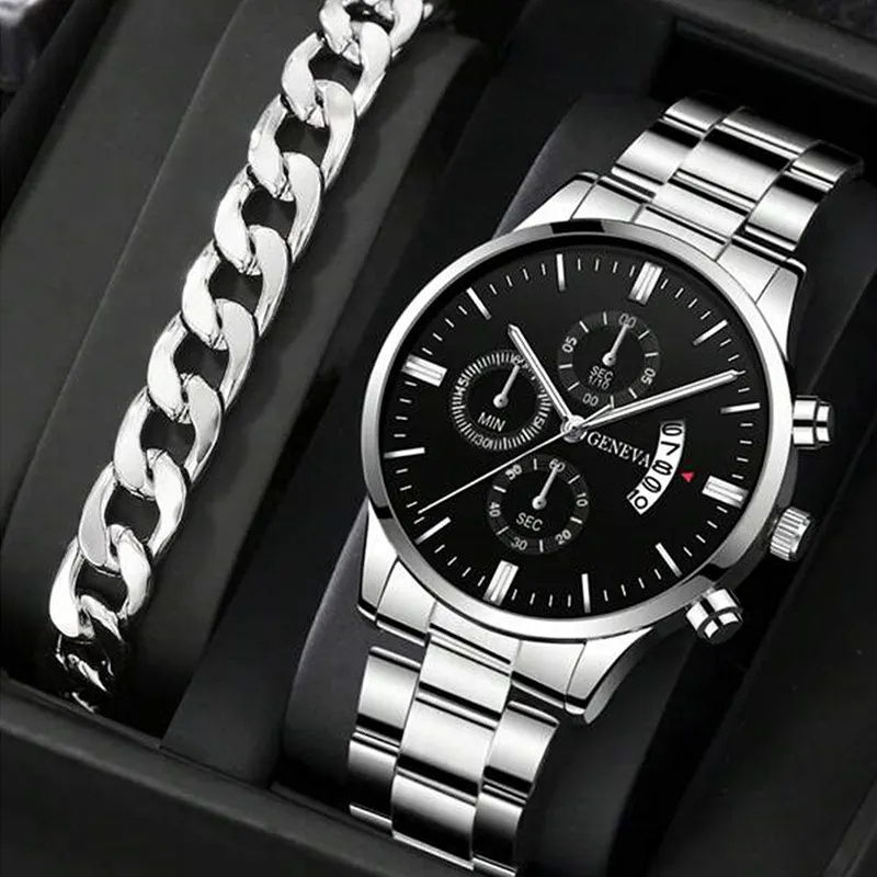 Brand Business Analog Wristwatch Luxury Calendar Date Stainless Steel Bracelet Quartz Watch Set For Men