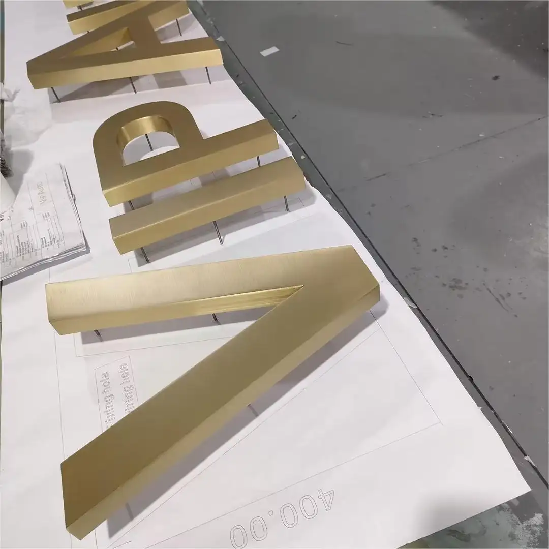 Advertising 3D Fabricated Metal Channel Letter Brushed Gold Stainless Steel Brass Business Logo