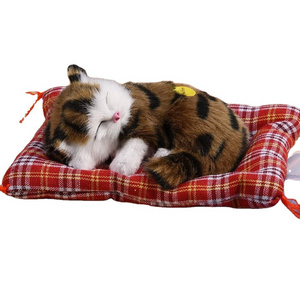 Simulation Sleeping Cat Toy with Soft Mat Bed Meow Kitten Stuffed Plush Toys Doll Home Decoration Sleeping Tabby Cat