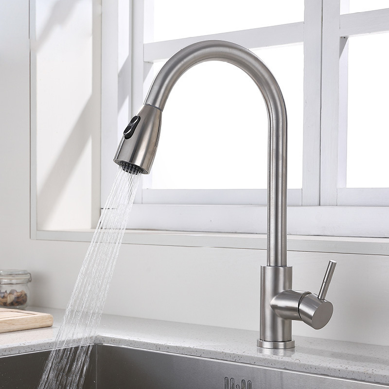 SUS304 stainless steel hot and cold pull faucet can rotate telescopic kitchen basin sink