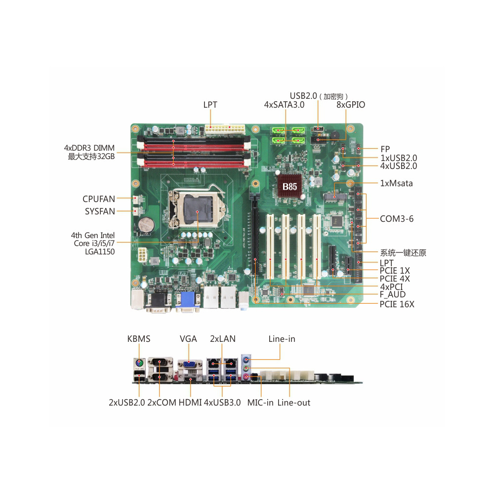 KTB-784G2 LGA1150 Socket Supports 4th Generation Intel Core i7/ i5/ i3, and Processors ATX Motherboard With b85 Chipset