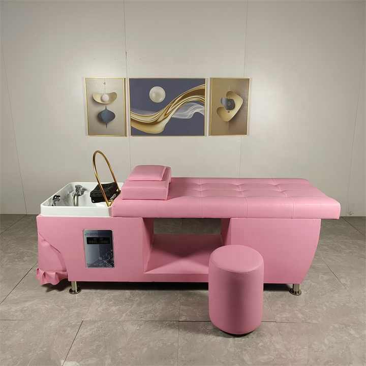 Hot Sale PU Pink Leather Hair Washing Lay Down Table Headspa Shampoo Bed With Water Circulation And Steamer For Beauty Salo