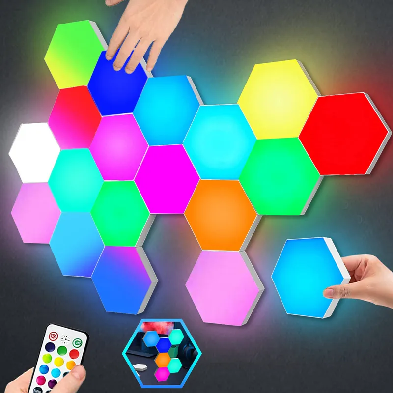 KTW Custom DIY Mood Hexagon LED Lights Magnetic Remote Control Smart Home Wall Panels Touch Sensitive Gaming RGB Night Lights