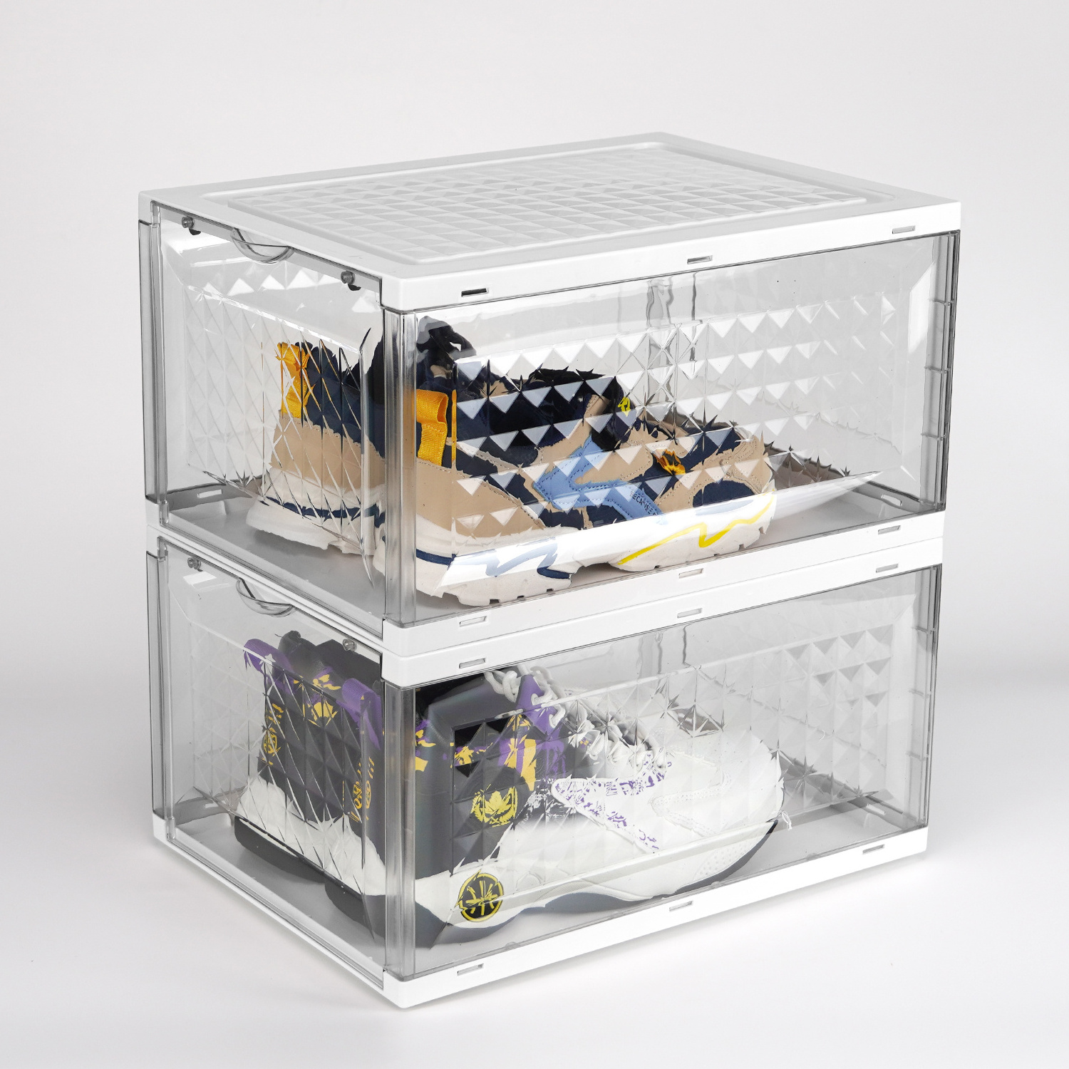 Custom Full Transparent Plastic Shoe Storage Container Box Foldable Side Open Sneaker Shoe Organizer Box