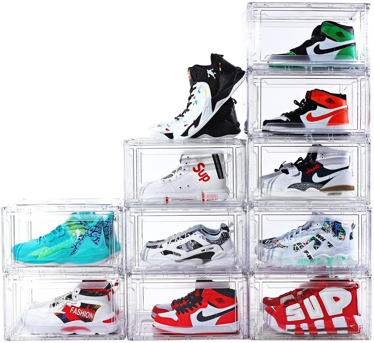 Custom Full Transparent Plastic Shoe Storage Container Box Foldable Side Open Sneaker Shoe Organizer Box